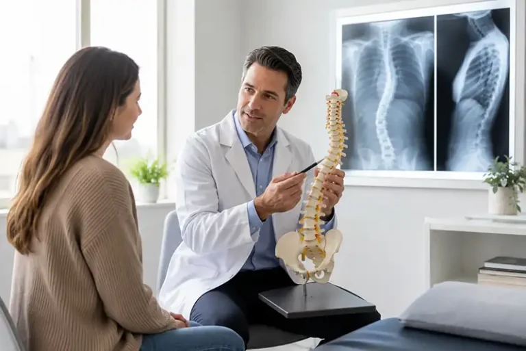 Premier Orthopaedics physician discussing scoliosis treatment with a patient using a spine model and X-rays in New Jersey