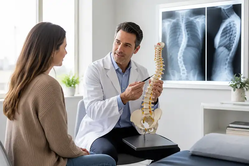 Premier Orthopaedics physician discussing scoliosis treatment with a patient using a spine model and X-rays in New Jersey